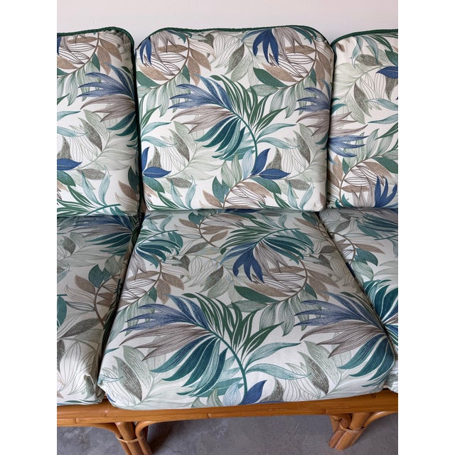 Vintage Ficks Reed Style Bamboo Rattan Sofa With Floral Print Upholstery/ Sold For Sale - Image 10 of 12