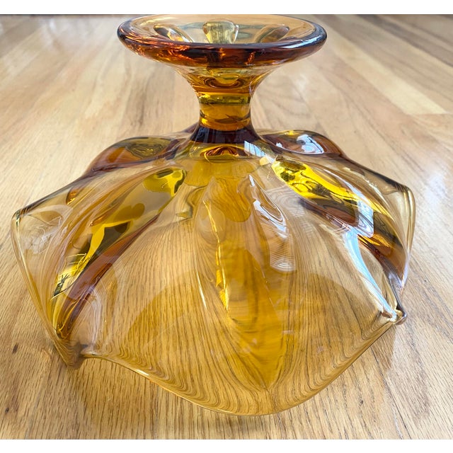 1960s Viking Art Glass Epic Amber Six Petal Footed Wavy Pedestal Compote Bowl For Sale In Pittsburgh - Image 6 of 7