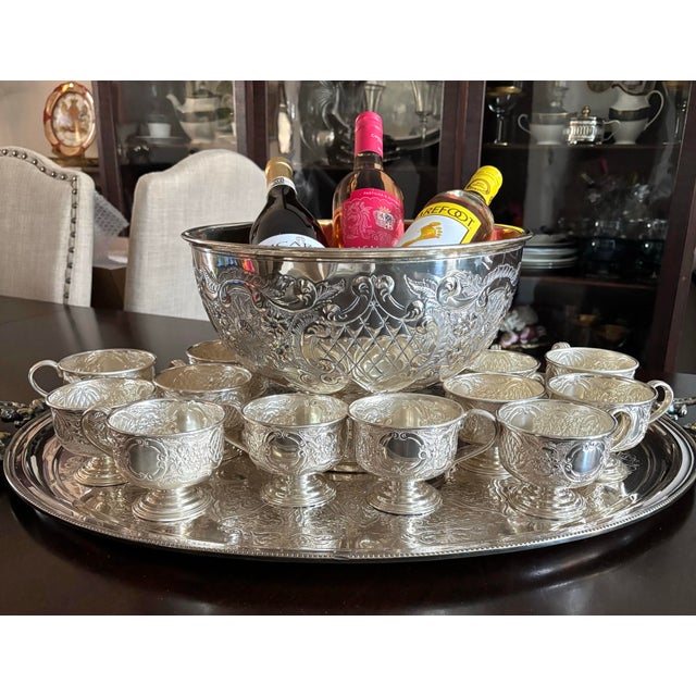 1920’s Sheffield England Hand Chased Repousse SilverPlate Punch Bowl W/12 Cups For Sale - Image 12 of 12