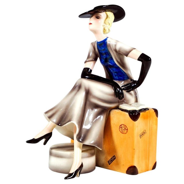 Black Goldscheider Vienna Lady Sitting on Suitcase by Stephan Dakon, 1930s For Sale - Image 8 of 8