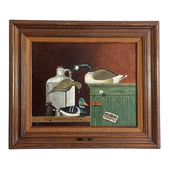 Vintage Original Still Life Oil Painting of Duck Decoys in Wood Frame For Sale