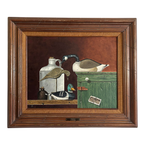 Vintage Original Still Life Oil Painting of Duck Decoys in Wood Frame