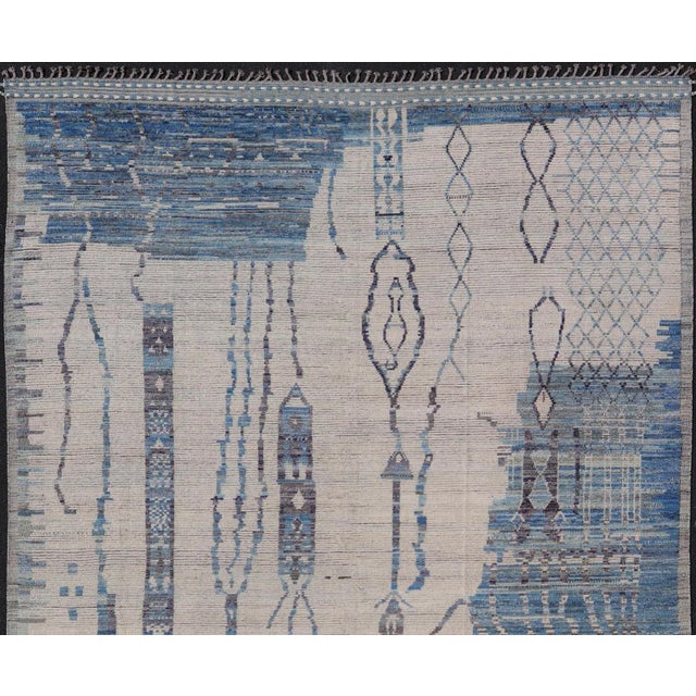 Large Afghan Modern Contemporary Abstract Rug in White and Shades of Blue 12'6 X 15'6 For Sale - Image 4 of 7
