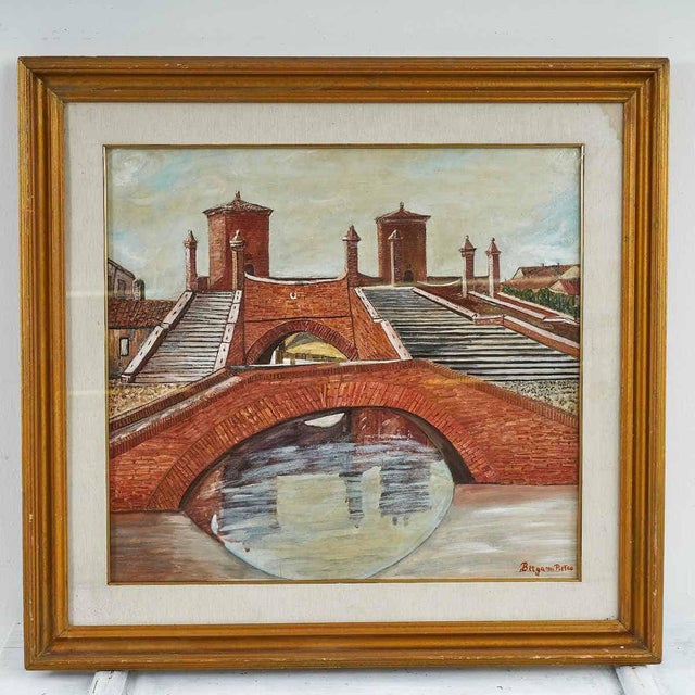 Pietro Bergami, Three Bridges of Comacchio, Oil on Panel For Sale - Image 6 of 6