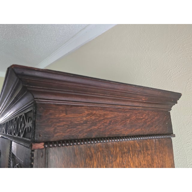 Antique Victorian Gothic Revival Armoire 19th Century, Handcarved Oak For Sale - Image 13 of 17