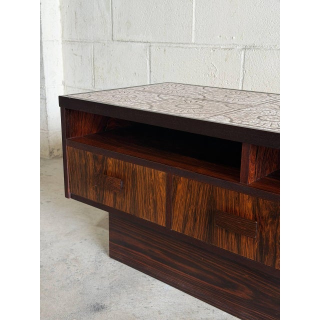 Brown Rosewood Low Three Drawer Chest With Tile Top Media Stand Coffee Table Denmark 1960s For Sale - Image 8 of 10
