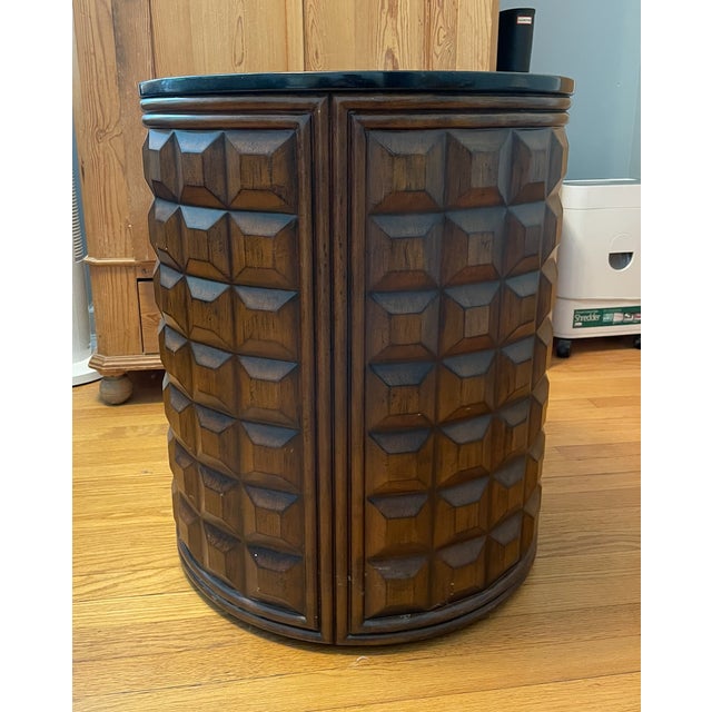 1970s Sculptural Walnut Drum Bar Cabinet With Black Stone Top For Sale - Image 4 of 5