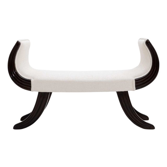 Ebonised Bench With White Bouclé Cover, Italy, Early 20th Century For Sale