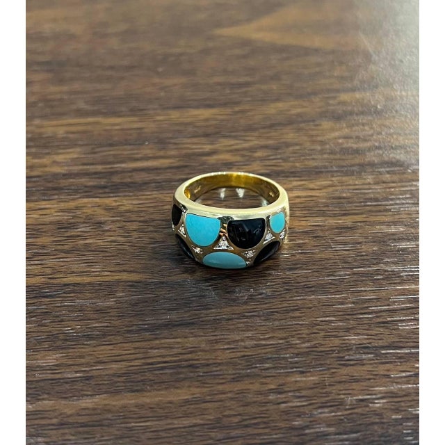Blue Teal Turquoise & Black Onyx Diamonds 14k Yellow Gold Statement Dome Ring, Size 7 For Sale - Image 4 of 10