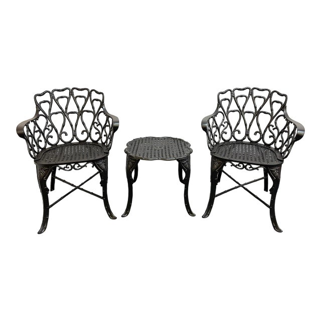 Vintage Set of 'Barrycraft' Style Cast Aluminum Outdoor Table and Two Chairs- 3 Pieces For Sale