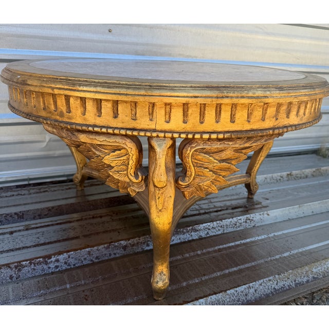 Vintage Neoclassical Style Gilt Wood Coffee Table With Marble Top – French Empire Inspired For Sale - Image 10 of 16