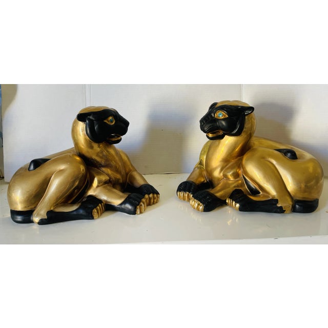 Antique Chinese Qing Dynasty Gold porcelain pair of cat sphinxes sculptures. Baster Goddesses Protectors of Women...