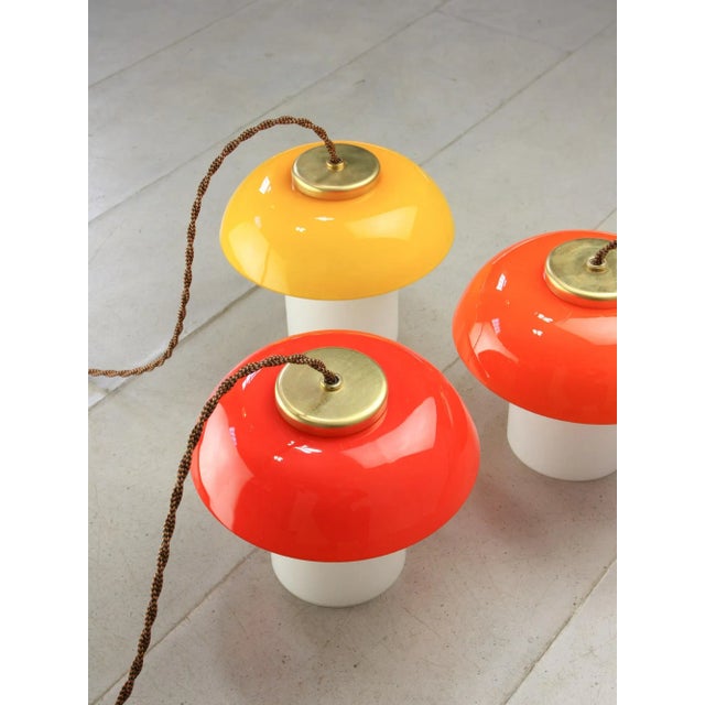 Mid-Century Glass and Brass Mushroom Pendant Lamps, Set of 2 For Sale - Image 11 of 12