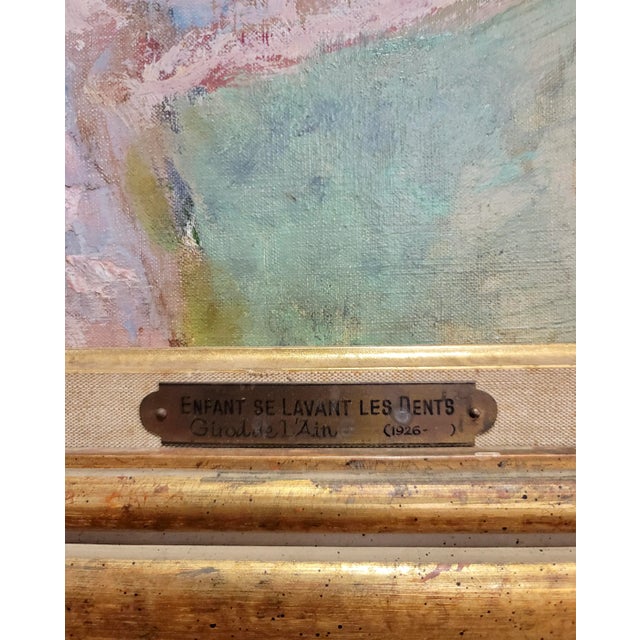 Textile Helene Girod De l'Ain - Little Blond Girl Brushing Her Teeth -Oil Painting C.1950s For Sale - Image 7 of 10