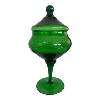1960s Mid-Century Modern Pedestal Empoli Green Glass Lidded Candy Dish For Sale
