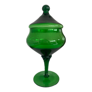1960s Mid-Century Modern Pedestal Empoli Green Glass Lidded Candy Dish