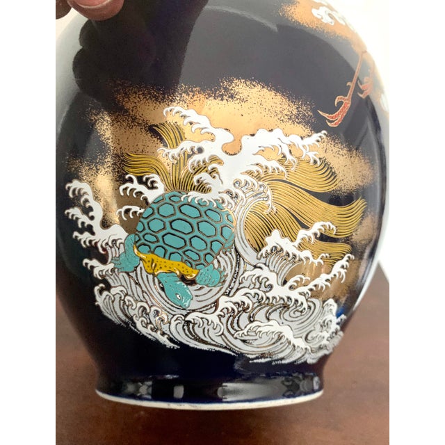 Ceramic Cobalt Blue Japanese Hand Painted Kutani Porcelain Vase With Crane, Flower and Turtle Design For Sale - Image 7 of 9