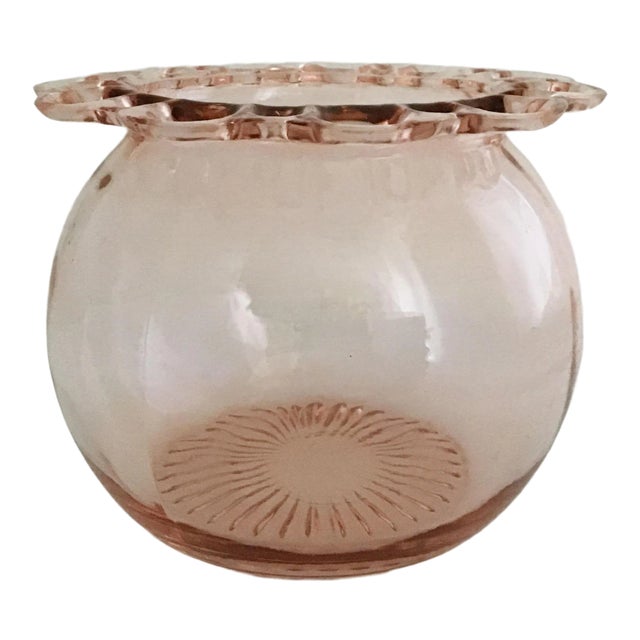 Vintage Lace Edge Depression Pink Glass Flower Bowl For Sale