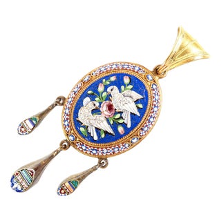 Micromosaic Photo Holder Locket Pendant with Birds For Sale