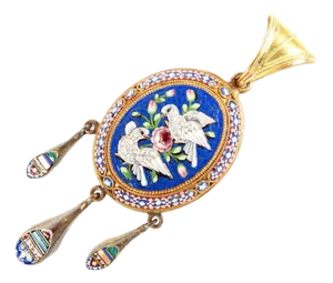 Micromosaic Photo Holder Locket Pendant with Birds
