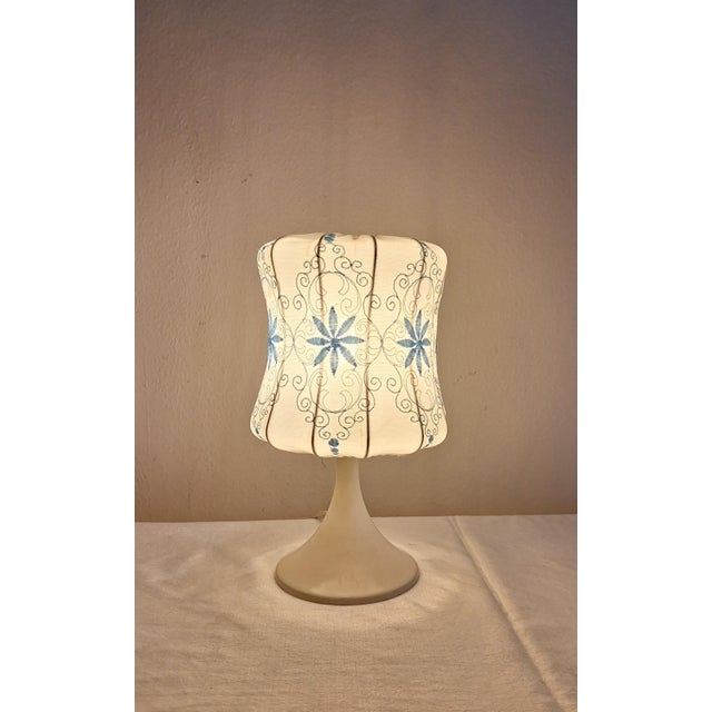 Textile Vintage Table Lamp with Cream-White Plastic Base and White-Blue Fabric Shade, 1970s For Sale - Image 7 of 7