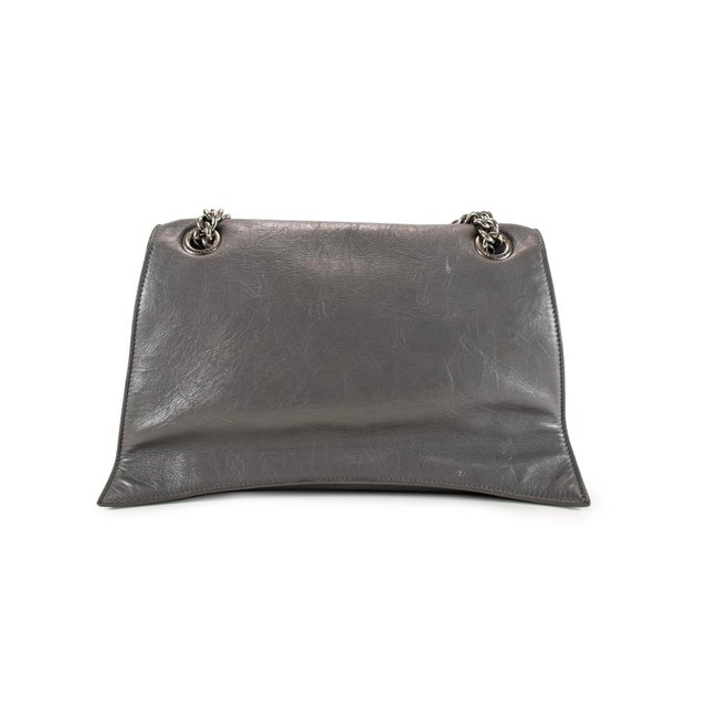 Early 21st Century Balenciaga Gray Leather Silver Hardware Crush Chain Medium Flap Shoulder Bag For Sale - Image 5 of 11