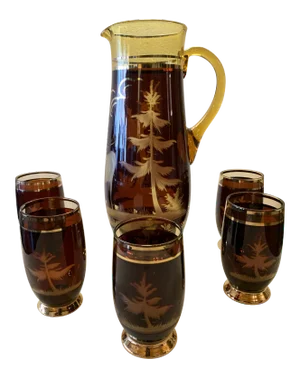 Antique Scottish Glasses & Pitcher Set- 6 Pieces