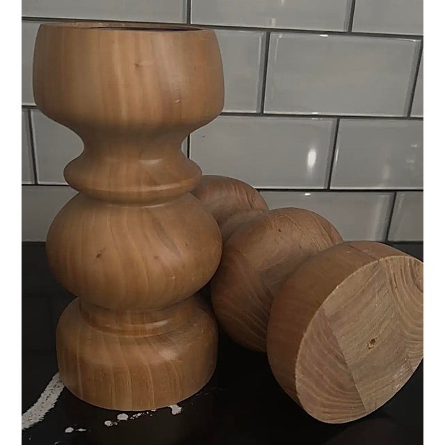 Mid-century turned wood candleholders in solid hardwood with natural grain variation, 1960s
