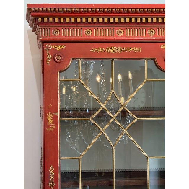 Wood Mid-20th Century Scarlet Chinoiserie Bookcase Cabinets For Sale - Image 7 of 12