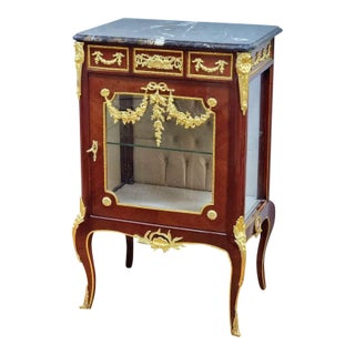 Louis XV Style Marquetry Bedside Cabinet With Glass Door, Marble Top For Sale