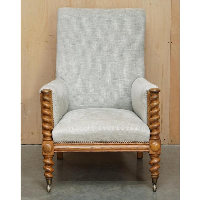 Lovely Antique Victorian hand made in Scotland Barley Twist Library armchair with beautifully turned oak frame finished...