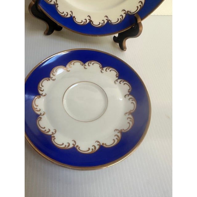 Vintage 1950's Kunst Hummendorf Kronack Bavaria Germany Porcelain Tea Set Trio Cobalt Blue Gold Tea Cup Saucer Dessert Plate For Sale - Image 14 of 18