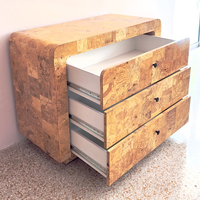 Postmodern Three-Drawer Waterfall Dresser With Faux Burlwood Laminate Veneer For Sale - Image 11 of 15