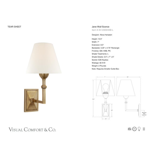 Transitional Alexa Hampton for Visual Comfort Signature Jane Wall Sconce in Hand-Rubbed Antique Brass with Linen Shade For Sale - Image 3 of 4
