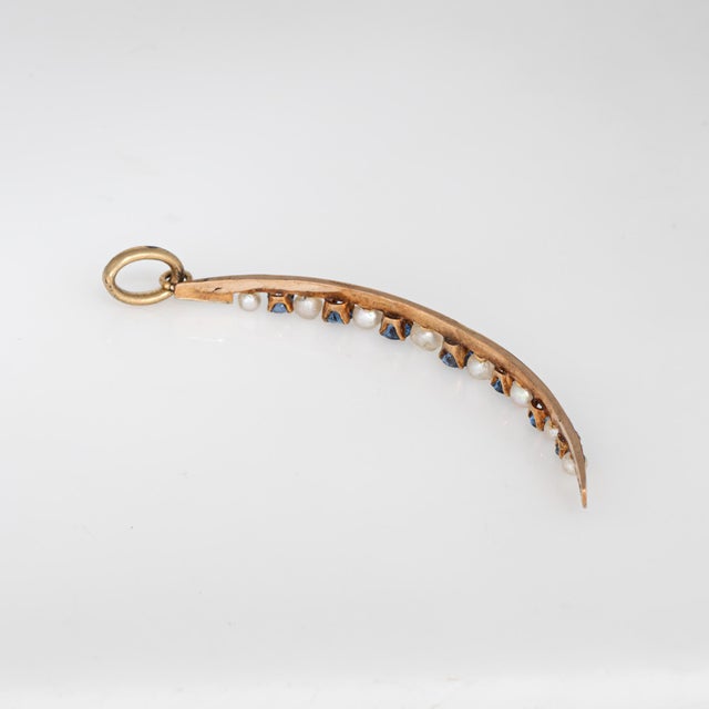 Victorian Late 19th Century Antique Victorian Crescent Moon Pendant Sapphire Pearl 14k Gold Celestial For Sale - Image 3 of 3