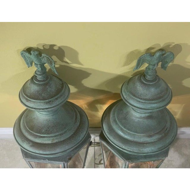 Magnificent Pair of Vintage Solid Brass Eagle-Topped Wall Lanterns For Sale - Image 12 of 17