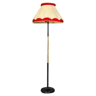 Mid-Century Italian Modern Metal and Brass Floor Lamp with Beige and Red Fabric Shade, 1940 For Sale