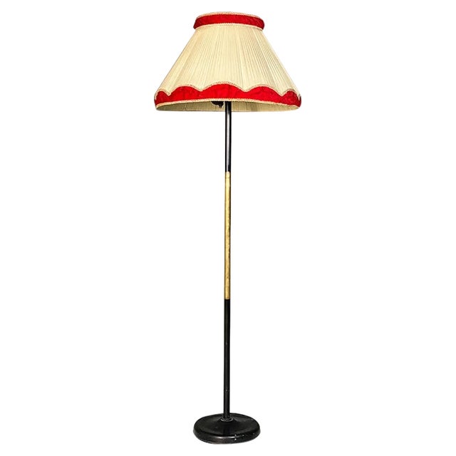 Mid-Century Italian Modern Metal and Brass Floor Lamp with Beige and Red Fabric Shade, 1940 For Sale