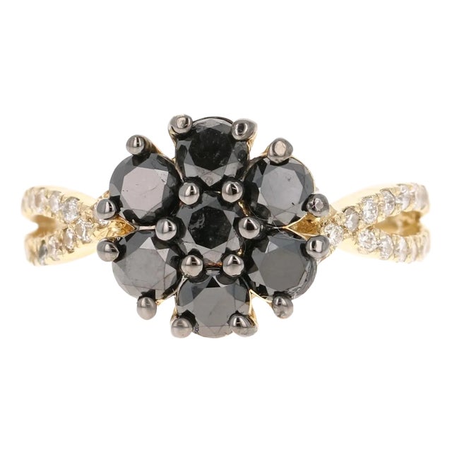 1.70 Carat Black Diamond Yellow Gold Cocktail Ring Size 6.5 For Sale