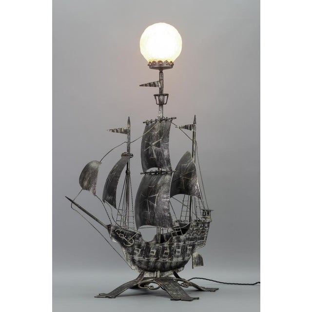 Spanish Wrought Iron and Glass Galleon Sailing Ship Shaped Floor Lamp, 1950s For Sale - Image 16 of 18
