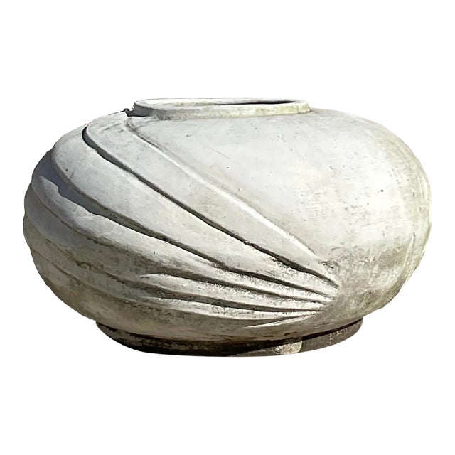Vintage White Deco Style Cement Planter With Ridges For Sale