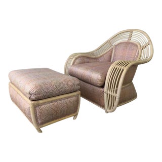 1980s Vintage Palm Beach Regency Rattan and Reed Lounge Chair & Ottoman For Sale
