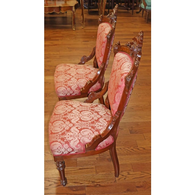 Brown Pair of Jelliff Victorian 19th Century Walnut Carved Damask Fabric Side Chairs For Sale - Image 8 of 12