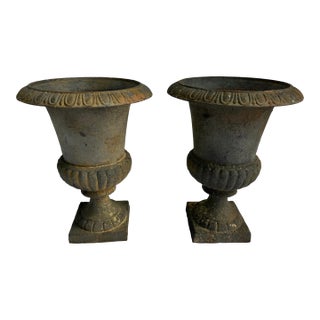 Vintage Patina Grey/Blue Cast Iron Garden Planters Urns -A Pair For Sale