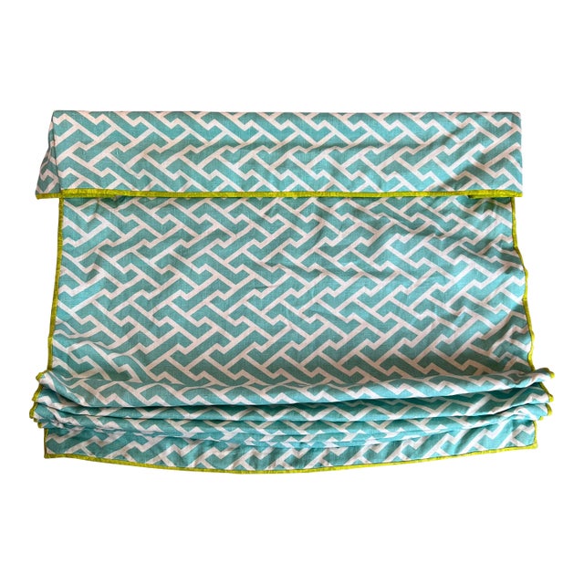 Palm Beach Style Custom Turquoise and Chartreuse Green Quadrille Aga Linen Roman Shade For Sale