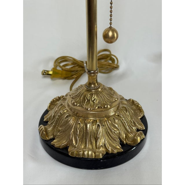 Mid 20th Century Antique Brass Acanthus Leaf Buffet Table Lamps Brass Pull Chains Black Marble Bases - a Pair For Sale - Image 5 of 12
