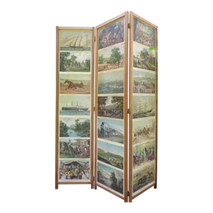 Vintage 3 Panel Folding Room Divider Privacy Dressing Screen Currier Ives Prints