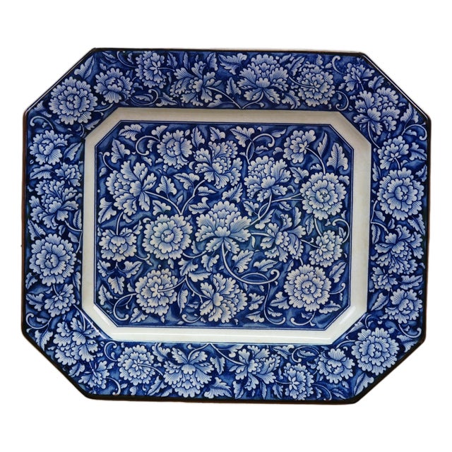 Vintage MCI Japan Blue & White Chrysanthemum Flower Octagon Serving Platter Dish For Sale