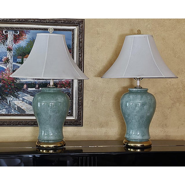 Pair of Vintage Celadon Glazed Ceramic Ginger Jar Table Lamps For Sale - Image 16 of 18