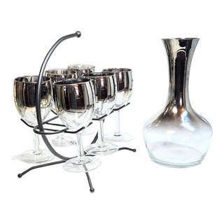 Dorothy Thorpe Silver Fade Decanter, Holder and Six Goblets- Set of Eight For Sale